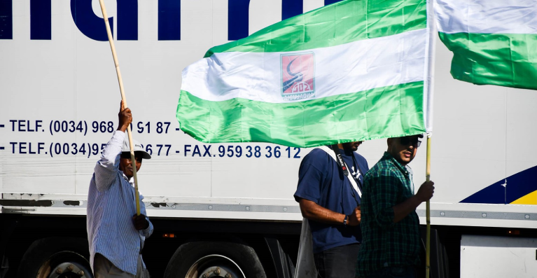 Greenhouse workers striking in Spain, displayed in the article “Harvesting Heat” by Sofía Álvarez Jurado, Claudia Colliva and Giada Cristal Santana Eusebio